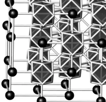 FIGURE 2 The structure of the cubic dodecaborides RB 12 (UB 12 -type). The polyhedra are B 12 cubooctahedra, while circles depict the rare earth atoms.