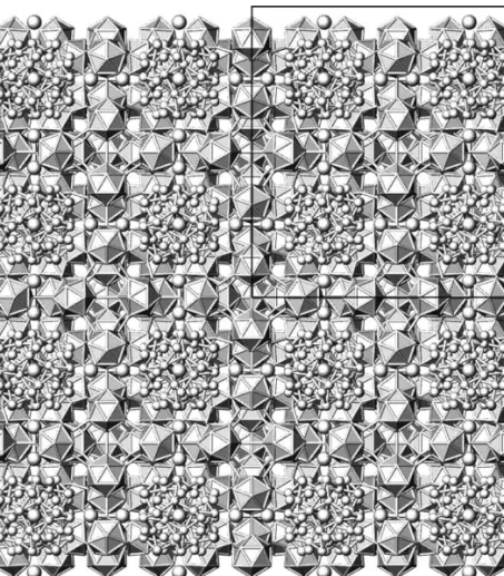 FIGURE 3 The structure of cubic RB 66 viewed along one of the axes. The polyhedra are B 12 icosahedra, while small and large circles depict boron and rare earth sites, respectively.