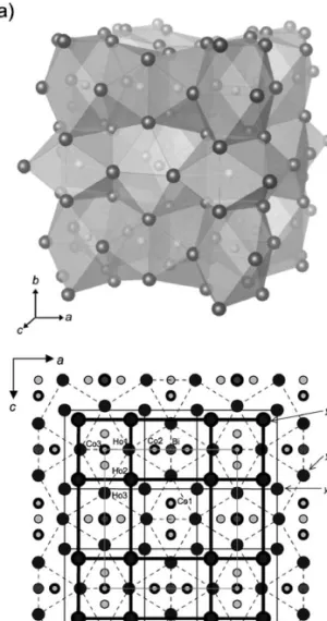 Fig. 8. Structure of Ho 12 Co 5 Bi shown as (a) a polyhedral representation and (b) a stacking of interleaved 3 2 434 (dashed lines) and 4 4 (solid lines) nets.