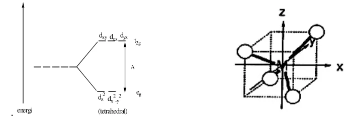Gambar 14. Diagram Pemisahan dan Bidang Kubik Orbital d dalam Medan Tetrahedral (Huheey and Keither, 1993)  