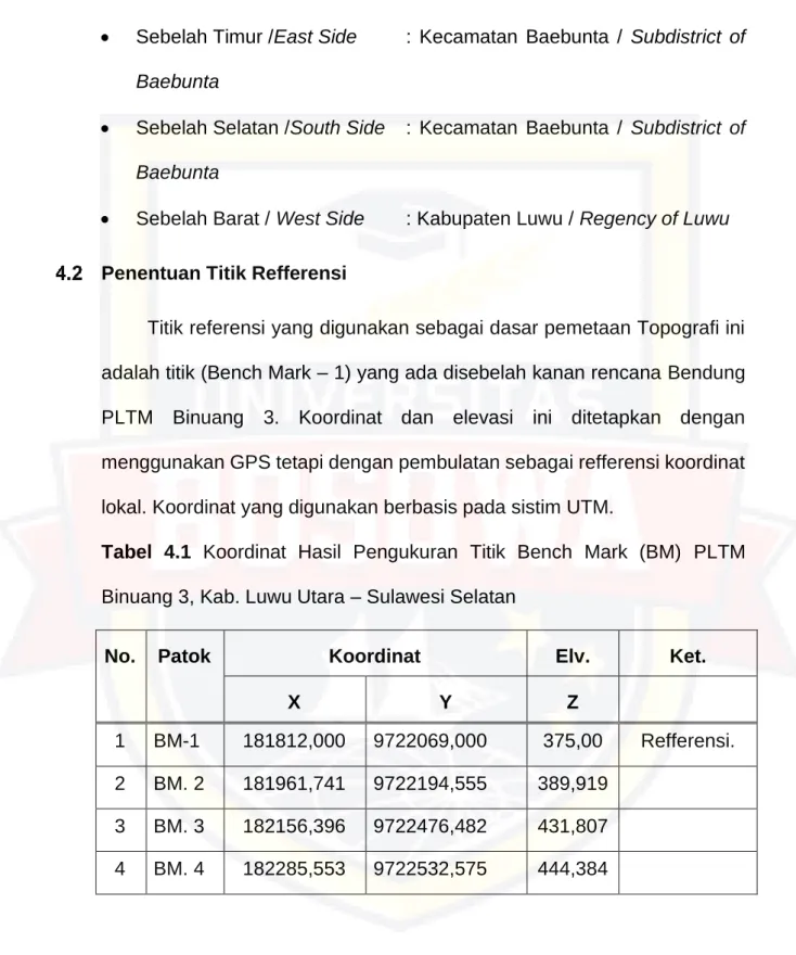 Tabel  4.1  Koordinat  Hasil  Pengukuran  Titik  Bench  Mark  (BM)  PLTM  Binuang 3, Kab