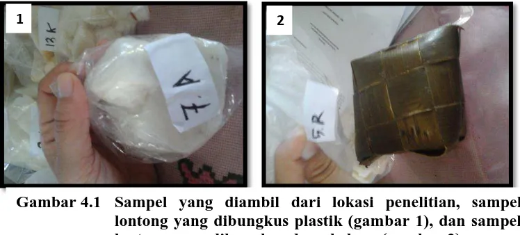 Gambar 4.1 Sampel yang diambil dari lokasi penelitian, sampel lontong yang dibungkus plastik (gambar 1), dan sampel lontong yang dibungkus daun kelapa (gambar 2)