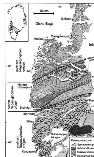 Fig. 1. Geological sketch map of the Nagssugtoqidian orogen, West Greenland (modiﬁed after van Gool et al., 1996), with outlineof the area investigated in this paper