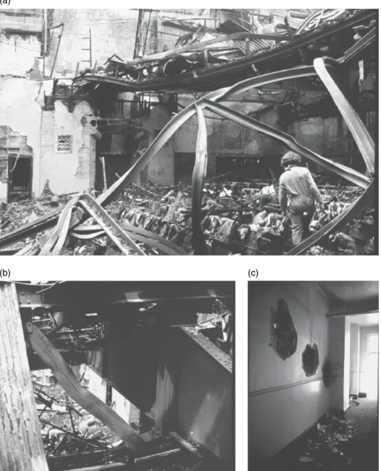 Figure  6.2  (a) Severe fire in a theatre, showing collapsed steel roof trusses in the foreground; the   gallery seating which did not collapse is visible in the upper background