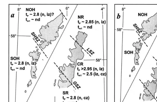 Fig. 8. Possible reconstructions of the mainland and Outer Hebridean Lewisian complex across the Minch fault, showing presentlyavailable geochronological constraints on the major crustal blocks (adapted from Coward and Park, 1987; see their 9 for structura