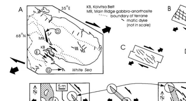 Fig. 9. Orientation of regional crustal extension as shown by orientation and morphology of dykes (modiﬁed after Balagansky etal., 1998a)