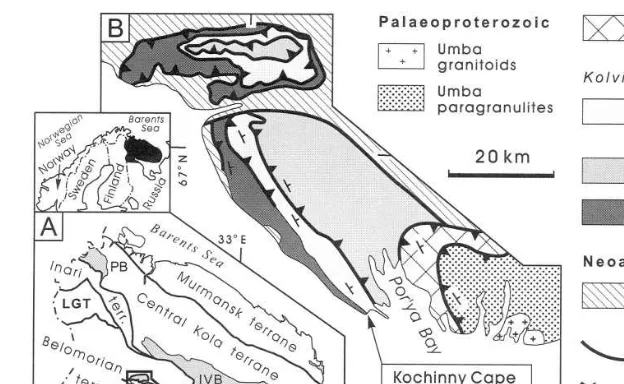 Fig. 1. (A) Palaeoproterozoic tectonostratigraphic terranes in the Kola region (modiﬁed after Balagansky et al., 1998a)