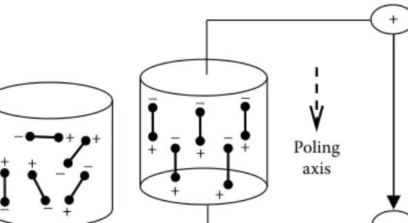 FIGURE 1.1  The micromechanism of the piezoelectric effect. (a) No voltage and (b) poling  voltage.