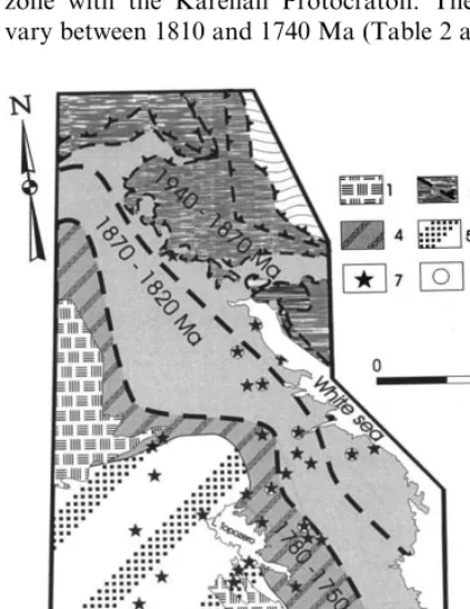Fig. 4. General distribution of titanite ages in the regionextending across the boundary between the Karelian Protocra-ton and the Belomorian Belt