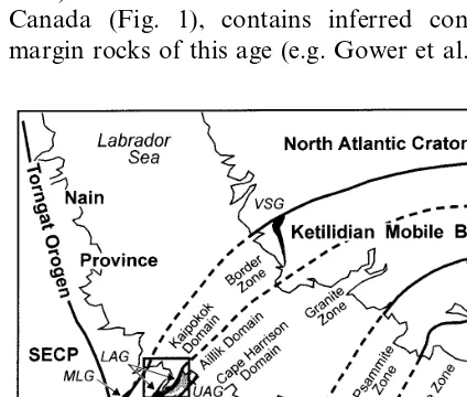 Fig. 1. Location of the Makkovik Province and correlativeKetilidian mobile belt in eastern Canada and southern Green-land, respectively