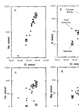 Fig. 2. Comparison of computed concentrations of eclogite ﬂuid inclusions (‘eclogite brines’) with seawater (‘seawater’, crossed box)and destructively analyzed ﬂuid inclusions (‘ﬂuid inclusions’, small ﬁlled circles; Roedder, 1972)