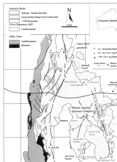Fig. 1. Simpliﬁed geological map of the Cloncurry district, showing the spatial distribution of the intrusive rocks and location ofmajor deposits