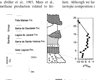 Fig. 5. �13C and �18O values of limestones along the stratigraphic column of the Bambuı´ group in SD, Goia´s state.