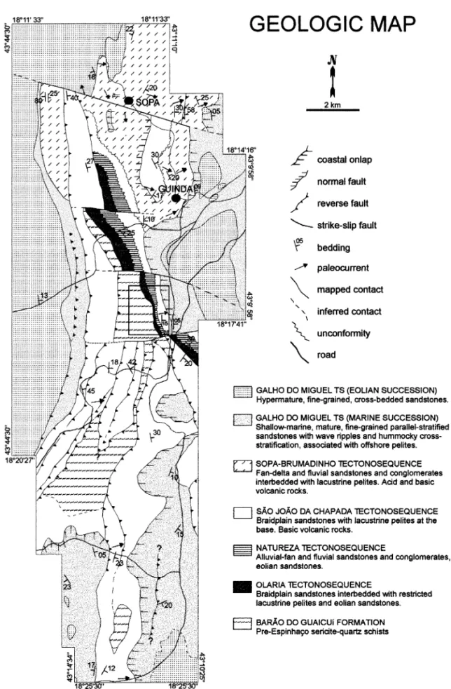 Fig. 5. Geologic map of tectono-stratigraphic units of the central part of the southern Espinhac¸o range (see Fig