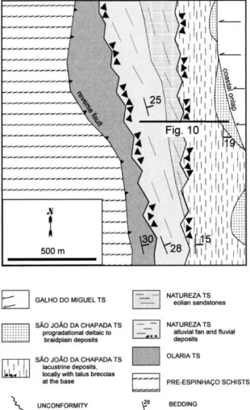 Fig. 7. Geologic map showing the angular character, denoted by strike and dip of the unconformity separating the synrift 1 (Natureza) and synrift 2 (Sa˜o Joa˜o da Chapada)  tectonose-quences (see Fig