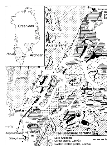 Fig. 1. Geologic map of the Godtha˚bsfjord region, compiled mainly from maps by Allaart (1982), Chadwick and Coe (1983, 1988),Garde (1987, 1989) and McGregor (1984), with terrane boundaries and Ikkattoq gneiss from McGregor et al