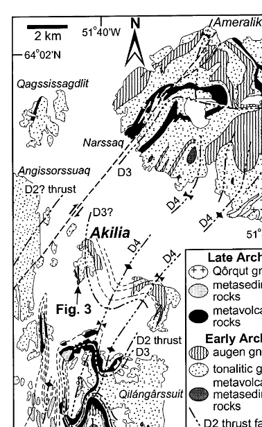 Fig. 2. Geologic map showing the location of Akilia within theregional tectonic framework, after Chadwick and Nutman(1979) and Chadwick and Coe (1983).