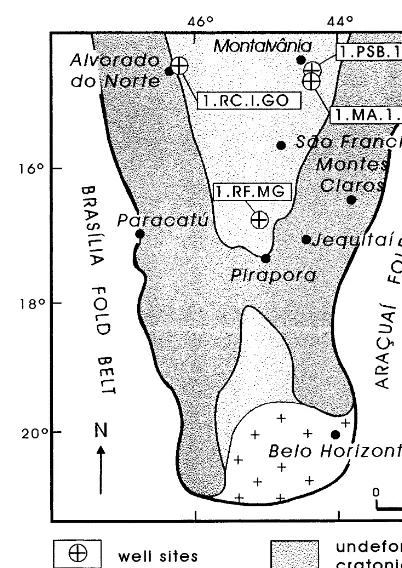 Fig. 2. Southern portion of the Sa˜o Francisco craton showingwell locations and tectonic domains within the craton (afterChemale et al., 1993).
