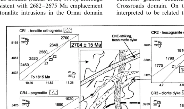 Fig. 8. Sketch map of an outcrop in Crossroads domain showing ﬁeld relationships and U–Pb concordia diagrams for samples CR1to CR4
