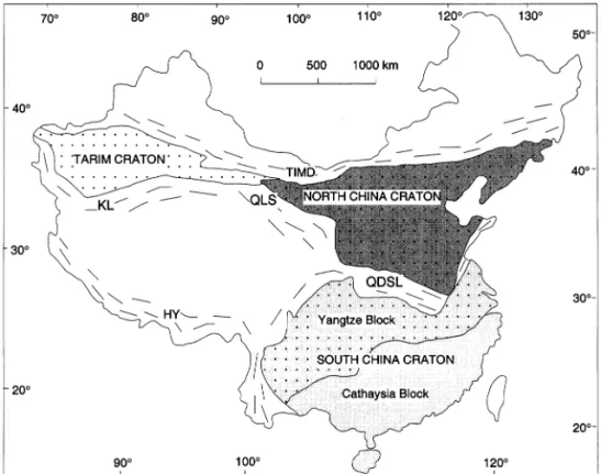 Fig. 1. Outline tectonic map of China showing the major Precambrian blocks and the Late Neoproterozoic and Paleozoic: fold belts