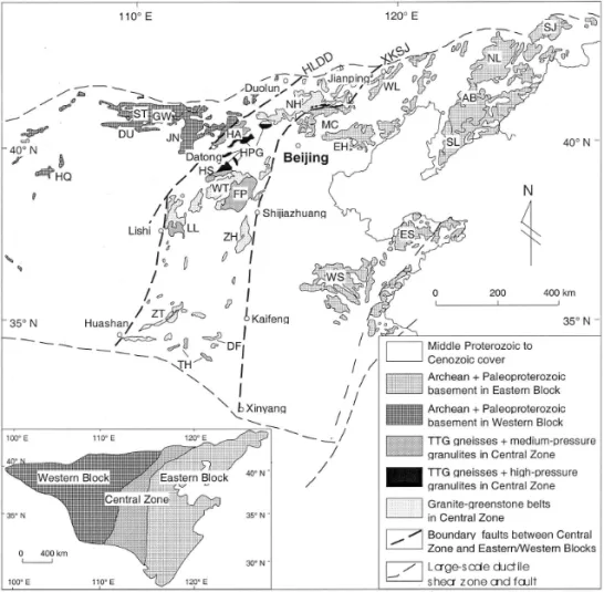 Fig. 2. Distribution of the basement rocks in the North China Craton and the distribution of the Eastern and Western Blocks and the Central Zone (Inset)