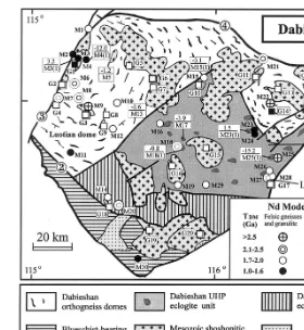 Fig. 2. Generalized geologic map of the Dabieshan (modiﬁed from Ma et al., 1998) showing sample localities, and distribution ofNd model ages for felsic gneisses and intrusive rocks,