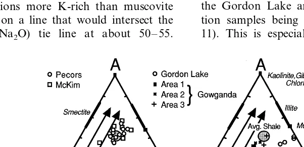Fig. 10. Ternary plots of mole fractions Al2O3-(CaO+Na2O)-K2O (A-CN-K) for Huronian sedimentary rocks