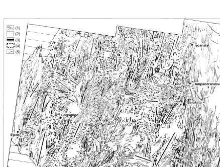 Fig. 9. Foliation trajectories (sector 3). (1) Granulite and foliation plane, (2) post-Cambrian sediments, (3) post-Cambrian volcanicrocks, (4) anorthosite bodies, (5) faults