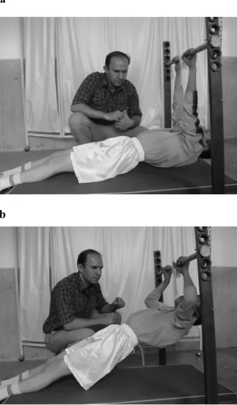 Figure 2. The modified pull-up test the start (a) and finishing (b) positions.  