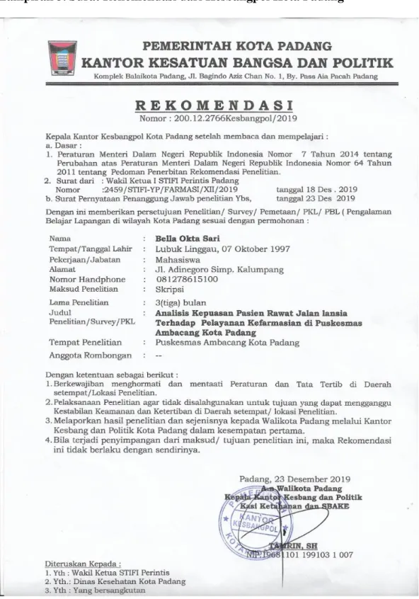 Gambar 3. Surat Rekomendasi dari Kesbangpol Kota Padang 