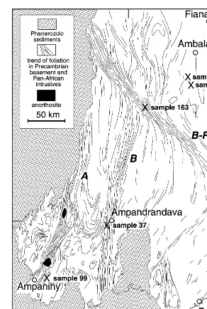 Fig. 2. Simpliﬁed structural map of southern Madagascar showing the trend of major shear zones: A, Ampanihy; B, Beraketa; B-R,Bongolava-Ranotsara shear zone