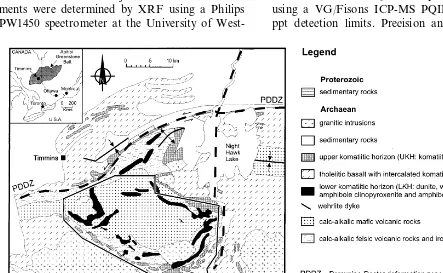 Fig. 1. Map showing the location of the study area (outlined in black), and distribution of the main rock types in the Shaw Domearea, Abitibi greenstone belt, Ontario (modiﬁed from Pyke, 1982; Jensen, 1985)