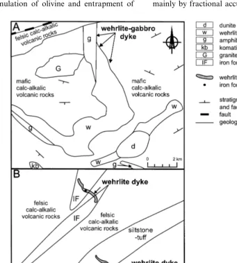 Fig. 2. (A) Field map showing the distribution of LKH rock types in the area of the interpreted wehrlite–amphibole gabbro dyke.(B) Field map showing wehrlite dykes cutting felsic volcano-sedimentary and iron-formation stratigraphy down section of the LKH.T