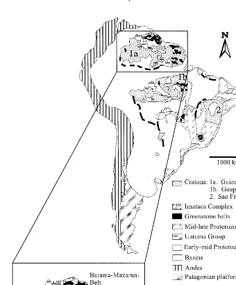 Fig. 1. Geology of South America. Inset shows Precambrian geology of the Guiana Shield