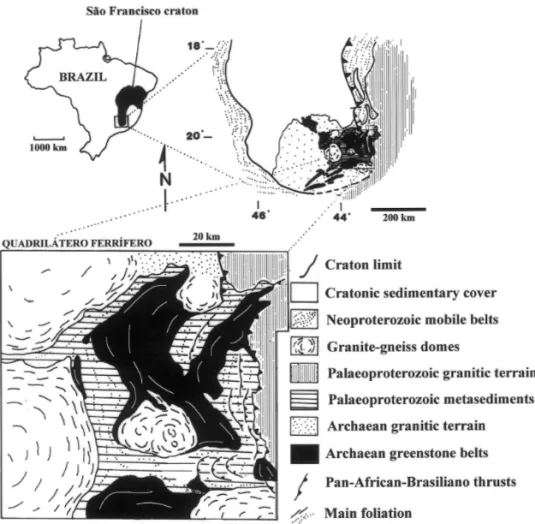 Fig. 1. Location and simplified geologic map of the Quadrila´tero Ferrı´fero in southeastern Brazil.