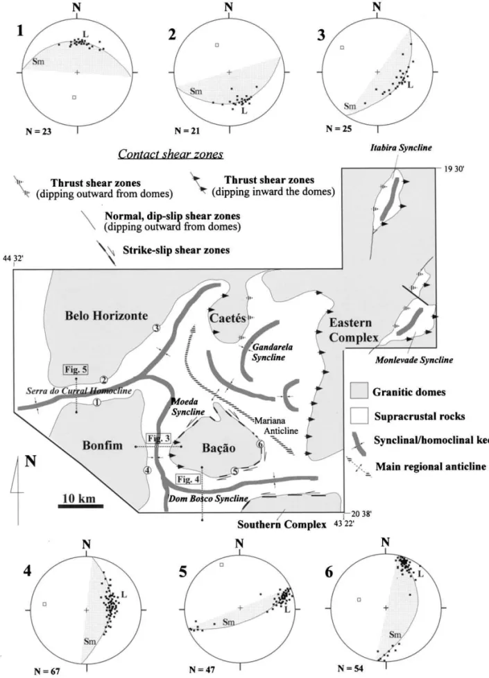 Fig. 2. Map showing the kilometer-scale synclinal-homoclinal keel and shear zones in the dome/supracrustals contacts