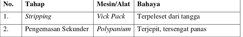 Tabel 2. Potensi Bahaya Pada Bagian Proses Pengemasan Produk, Tahun 2009 