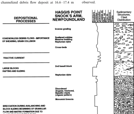 Fig. 8. Haggis Point detailed measured section between 25.0 and 34.0 m. The transformation from debris avalanche to proto-debrisﬂow processes with the formation of primitive matrix is observed in this interval.