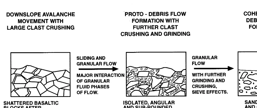 Fig. 9. Transition from debris avalanche to proto-debris ﬂow to cohesionless debris ﬂow