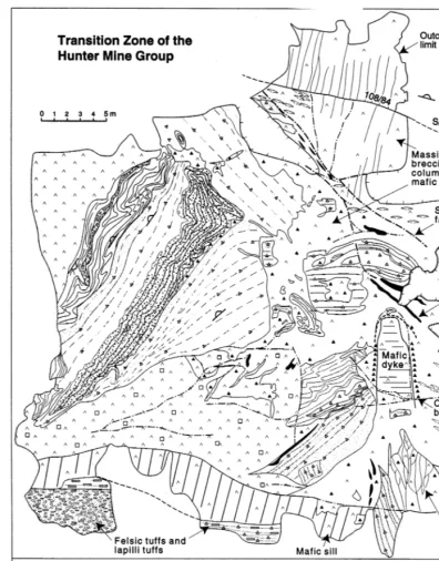 Fig. 4. Outcrop map showing a portion of the upper part of the Hunter Mine group. A large enclave of oxide iron-formation occursas a rip-up within a volcanic breccia