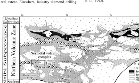 Fig. 1. Location of the Norme´tal volcanic complex and other volcanic centers of the Abitibi greenstone belt
