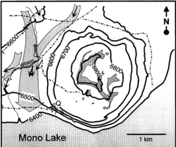 Fig. 8. Paleocurrent pattern of fine-grained eruption-fed den- den-sity flow deposits at Black Point volcano, Mono Lake, eastern California