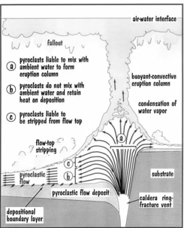 Fig. 3. Schematic diagram illustrates a subaqueous caldera- caldera-forming eruption producing a high-concentration particulate flow having gas as the inter-particle phase (after Kokelaar and Busby, 1992)