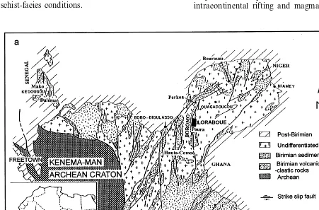 Fig. 1. Simpliﬁed geological sketch maps. (a) Man shield (from Bessoles, 1977); (b) Boromo greenstone belt (from Feybesse et al.,1990); (c) Poura district (from the modiﬁed BRGM-BUVOGMI map, 1983); (d) Loraboue´ area.