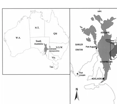 Fig. 1. Location of the Adelaide Geosyncline in South Australia showing the inferred distribution of Sturtian ferruginous facies ofthe Umberatana Group in the Baratta Trough (modiﬁed from Preiss et al., 1993).