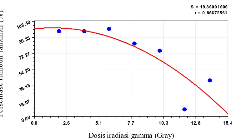 Gambar 4.   Grafik radiosensitivitas persentase tumbuh tanaman 6 MST terhadap iradiasi sinar gamma pada aksesi Simanindo  