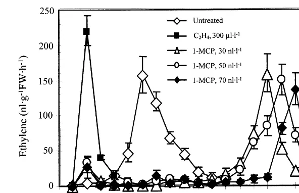Fig. 1. Effect of pretreatment with 1-MCP on ethylene production in ‘Hass’ avocado fruit
