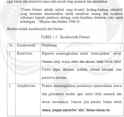 TABEL 1.5 : Karakteristik Feature