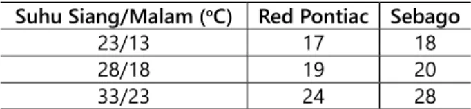 Tabel 13. Pengaruh suhu Udara terhadap Insiasi Umbi (hari) Suhu Siang/Malam ( o C) Red Pontiac Sebago