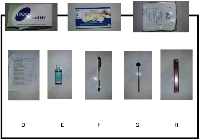 Gambar 10.  Alat dan bahan  penelitian (A)Masker (B)Sarung tangan   (C)Kapas (D)Lembar data kuesioner (E)Alkohol 70% (F)Alat tulis (G)Kaca mulut (H)Penggaris besi 